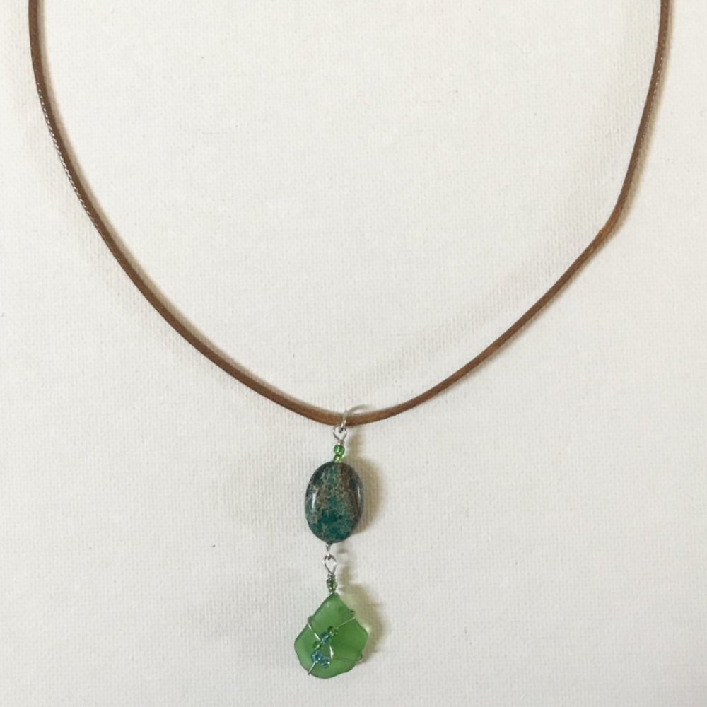 Emerald Green Sea Glass, Turquoise Gemstone Necklace Boho Surf Summer Mermaid